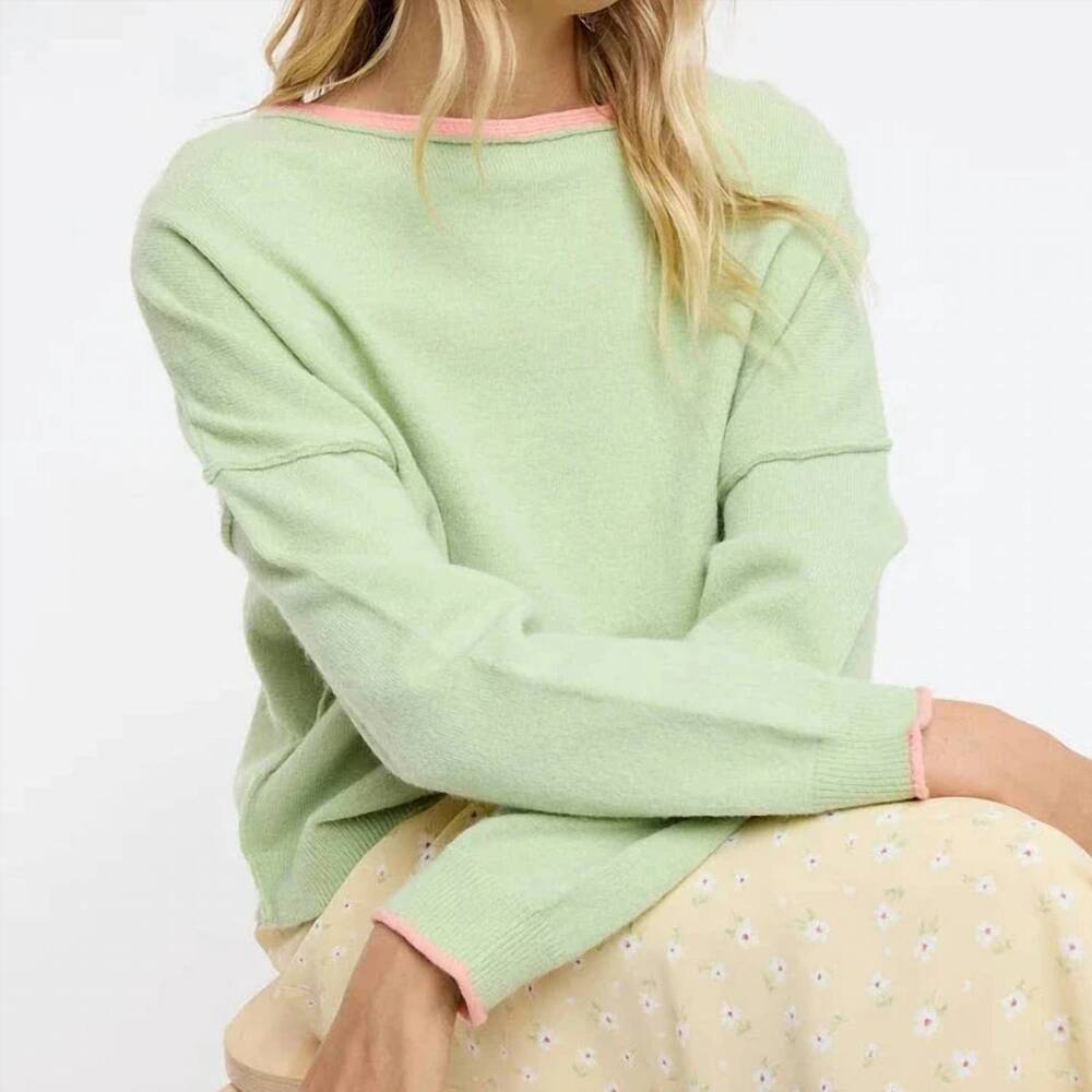NEW WISHLIST brushed contrast boat neck sweater in matcha melon